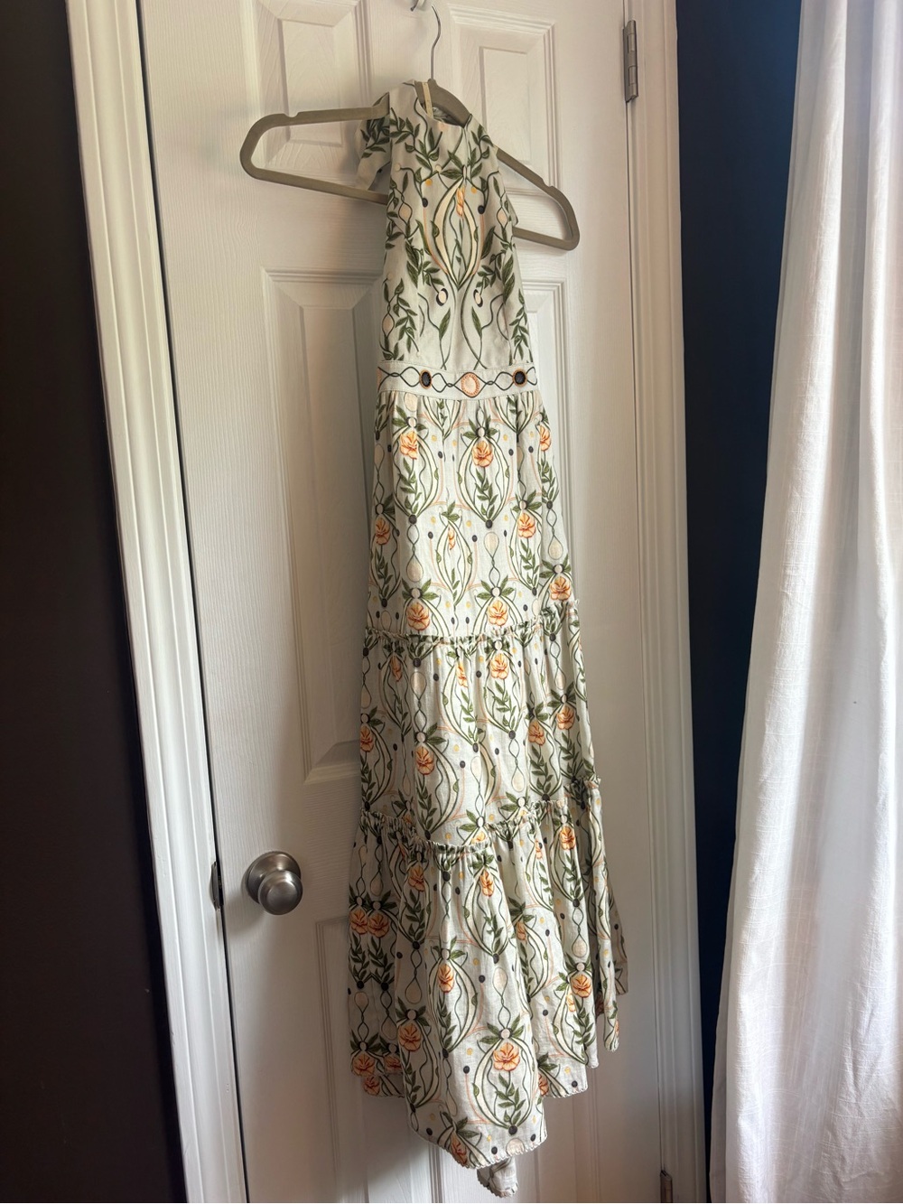 Agua Bendita Embroidered Halter Midi Dress in Cream, Green and Peach - Picture 7 of 13